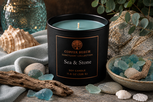 Copper Beech Sea & Stone soy candle surrounded by natural stones, shells and greenery for a calming Feng Shui-inspired home.