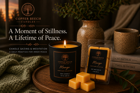 Lit Copper Beech candle and Mango wax melts in a quiet home setting, evoking a moment of stillness and peace.