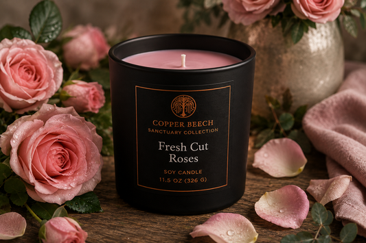 Copper Beech Fresh Cut Roses 11.5 oz. soy candle in a black glass jar, surrounded by fresh pink roses, rose petals and soft botanical accents.