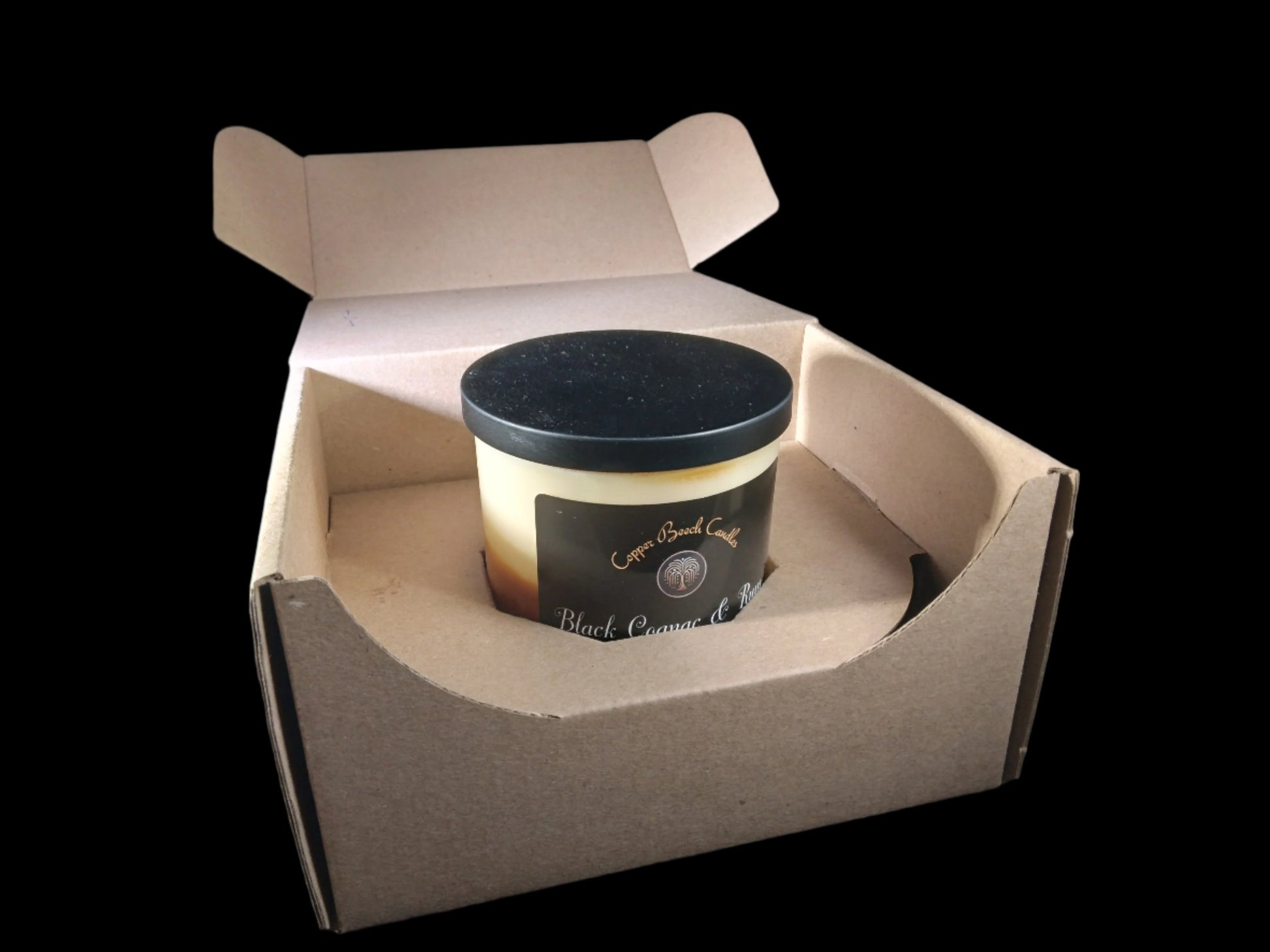 Swirled Black Cognac and Rum Candle in Shipping Box